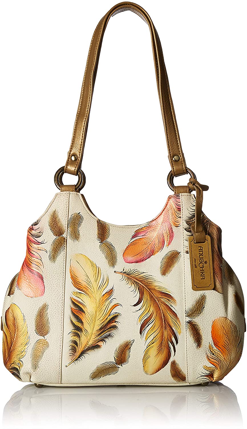 Price:$0.00 Anuschka Women's Hand Painted Genuine Leather Triple Compartment Satchel | Floating Feathers Ivory  Handbags   
