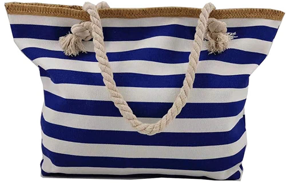 Price:$12.95    Large Canvas Striped Beach Bag - Top Zipper Closure - Waterproof Lining - For Women's Shoulder Handbags Tote Travel Bags (Blue)  Clothing