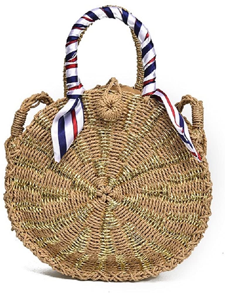 Price:$9.99 Straw Weave Round Crossbody Bag Women Shoulder Bag Summer Beach Purse and Handbags (Brown-gold)  Handbags   