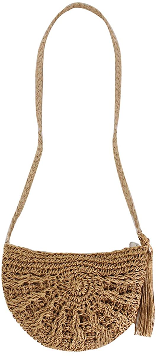 Price:$13.50 Rebecca Women Girl Straw Woven Shoulder Bag Beach Crochet Envelope Crossbody Bag Vacation Tassels Handbag (Brown)  Handbags   