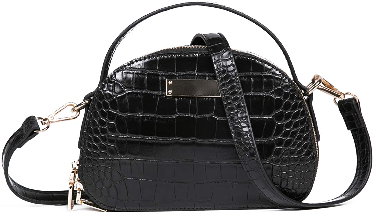 Price:$20.99    Feversole Crossbody Bag Double Zippers Women Fashion Small Satchel Shoulder Bag Tote With Removable Long Strap Black Croc  Clothing
