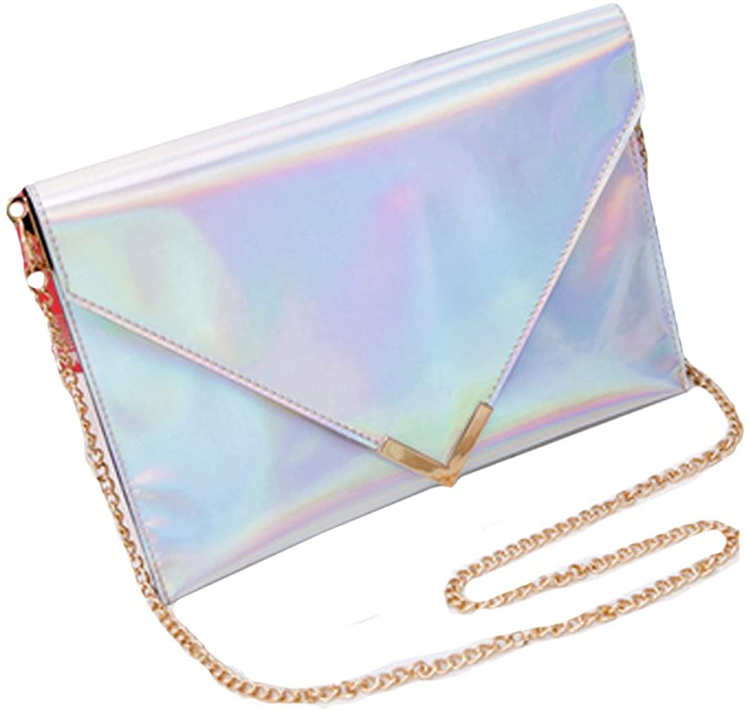 Price:$15.99 Monique Women Colorful Holographic Evening Clutch Envelope Handbag Small Chain Cross-body Bag Shoulder Bag 167 Silver  Handbags   
