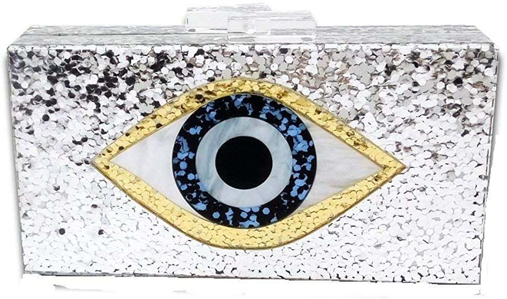 Price:$22.99 Vintage Devil Eyes Women Acrylic Evening Bags Box Clutch Chain Shoulder Handbag (Silver)  Handbags   