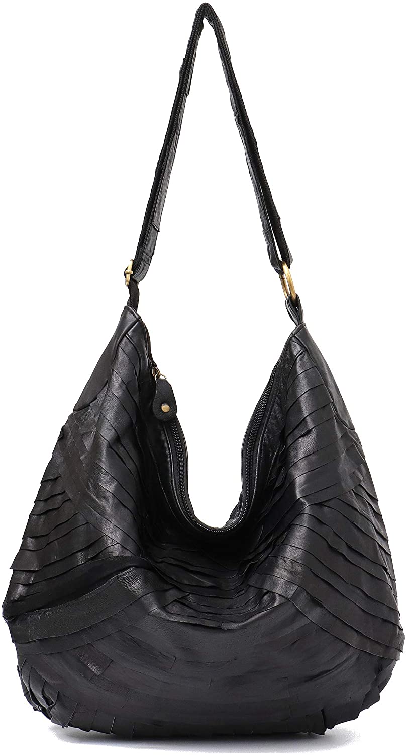 Price:$55.00    Vintage Leather Women Patchwork Hobo Bag STEPHIECATH Soft Casual Real Lamb Leather Sheep Skin Messenger Bag (BLACK)  Clothing