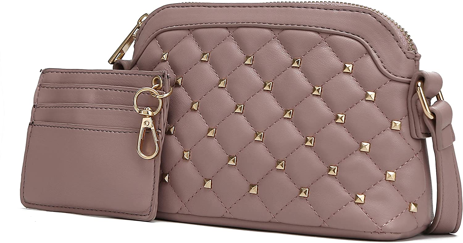 Price:$18.99 MKF Set  Quilted Crossbody Bag for Women & Credit Card Holder Wallet PU Leather Messenger Shoulder Handbag Purse Dark Mauve  Handbags   