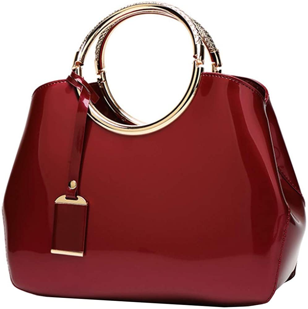 Price:$24.99    Rullar Women Elegant Handbag and Purse Top Handle Bag Patent Leather Tote Satchel Shoulder Clutch Crossbody Bag with Pendant Burgundy  Clothing