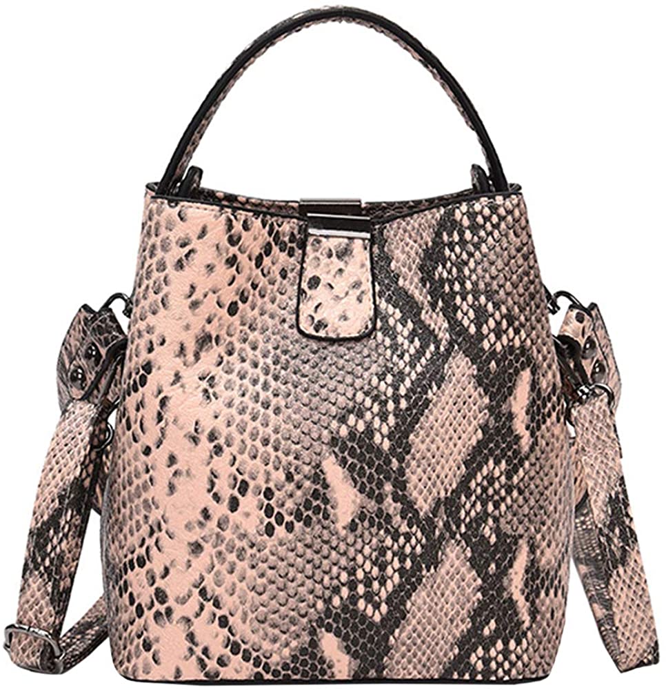 Price:$21.99    Queena Full Snakeskin Pattern Bucket Bag PU Leather Women Top-handle Handbag Retro Cross Body Purse Satchel Shoulder Bag Pink  Clothing