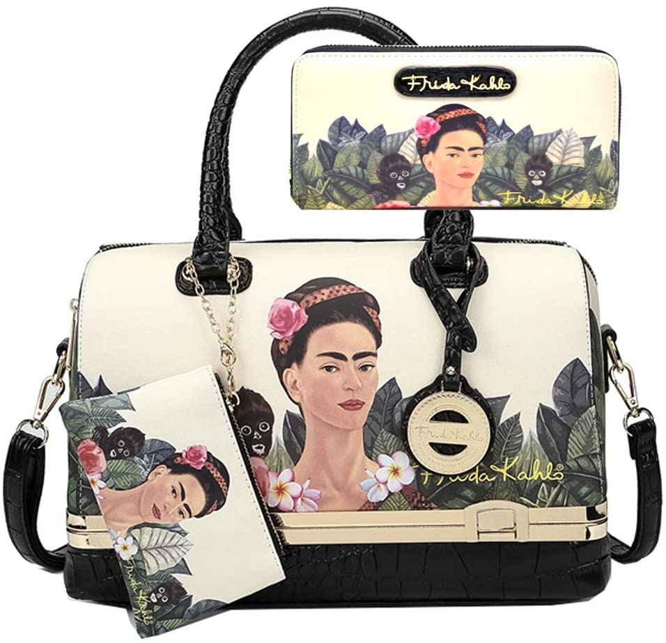 Price:$125.00    Frida Kahlo Jungle Collection Purse with Bottom Compartment and Wallet Set (Black)  Clothing