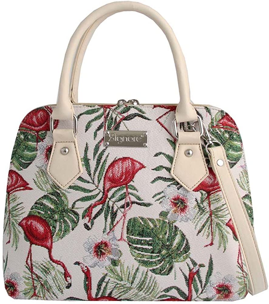 Price:$44.99    Signare Tapestry Handbag Satchel Bag Shoulder bag and Crossbody Bag and Purse for women Flamingo Pink and Green Design (CONV-FLAM)  Clothing