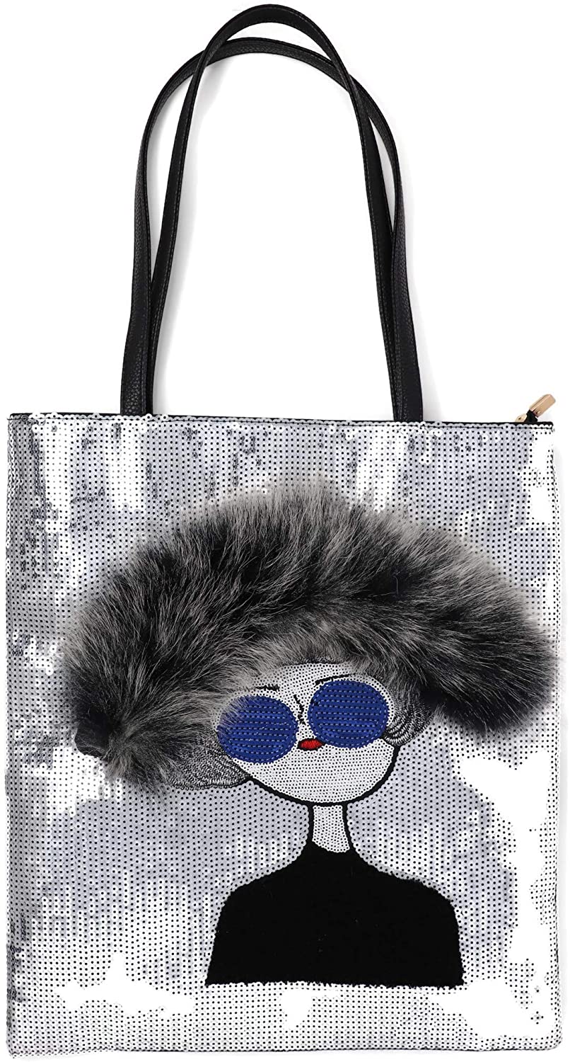 Price:$28.95    BOUTIQUES Evening Tote Bag Sequin PU Leather with Lovely Lady Face Funky Paillette Shoulder Handbag for women (fur silver)  Clothing