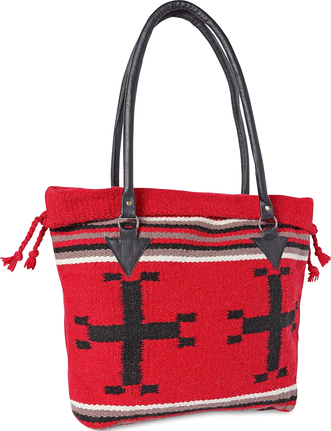 Price:$64.99    Handwoven Wool Malibu Purse with Genuine Leather handles. Large Eco Friendly Tote Bag, Native American Styles ((I) Red Cross)  Clothing