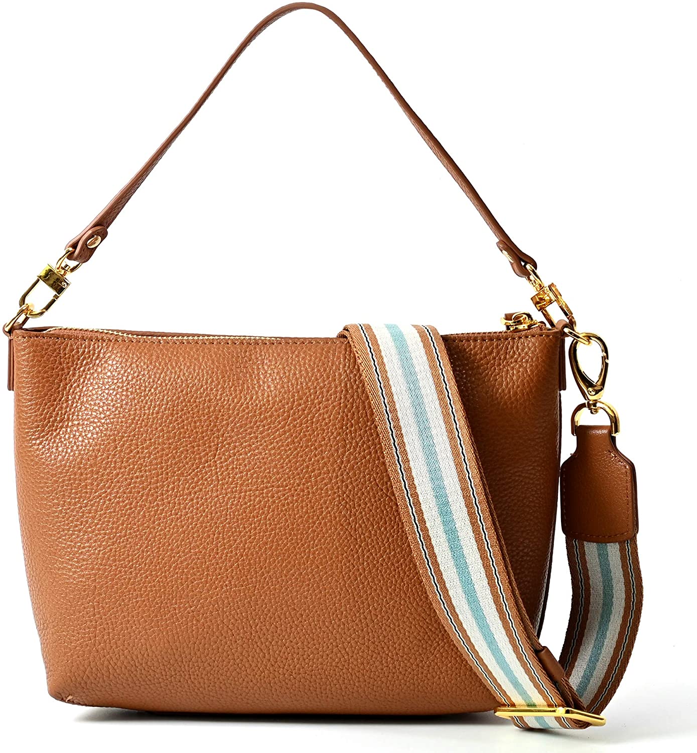 Price:$58.99    KZNI Genuine Leather Hobo Handbags,Crossbody Bag,fashion bag,Leather Handbags for Women ，Shoulder Bag Color strip shoulder strap,Women Handmade Small Handbag,Leather Clutch Bags,Medium (Brown)  Clothing