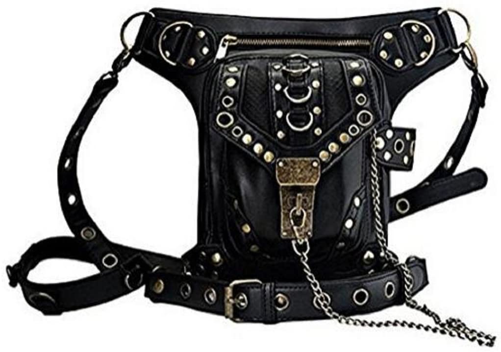 Price:$0.00    Wendin Rock Leather & Vintage Gothic Retro Steampunk Handbag Victorian Style Shoulder Waist Bag Black  Clothing