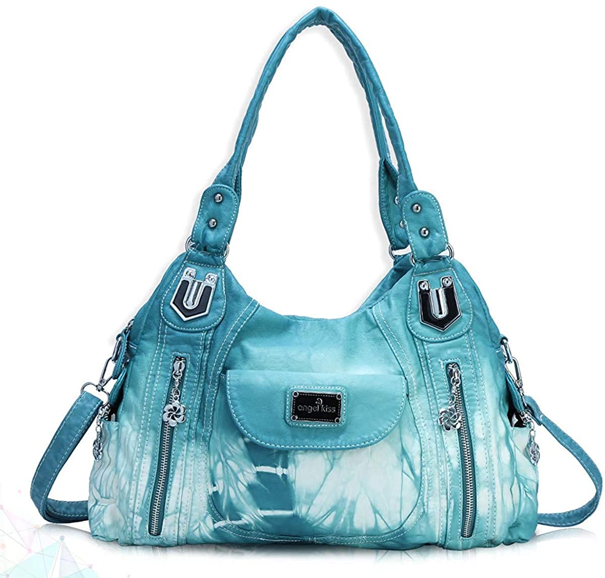 Price:$39.99    Angel Kiss Roomy Fashion Hobo Womens Handbags Ladies Purse Satchel Shoulder Bags Tote Washed Leather Bag (A-AK812-2Z Green-Blue)  Clothing