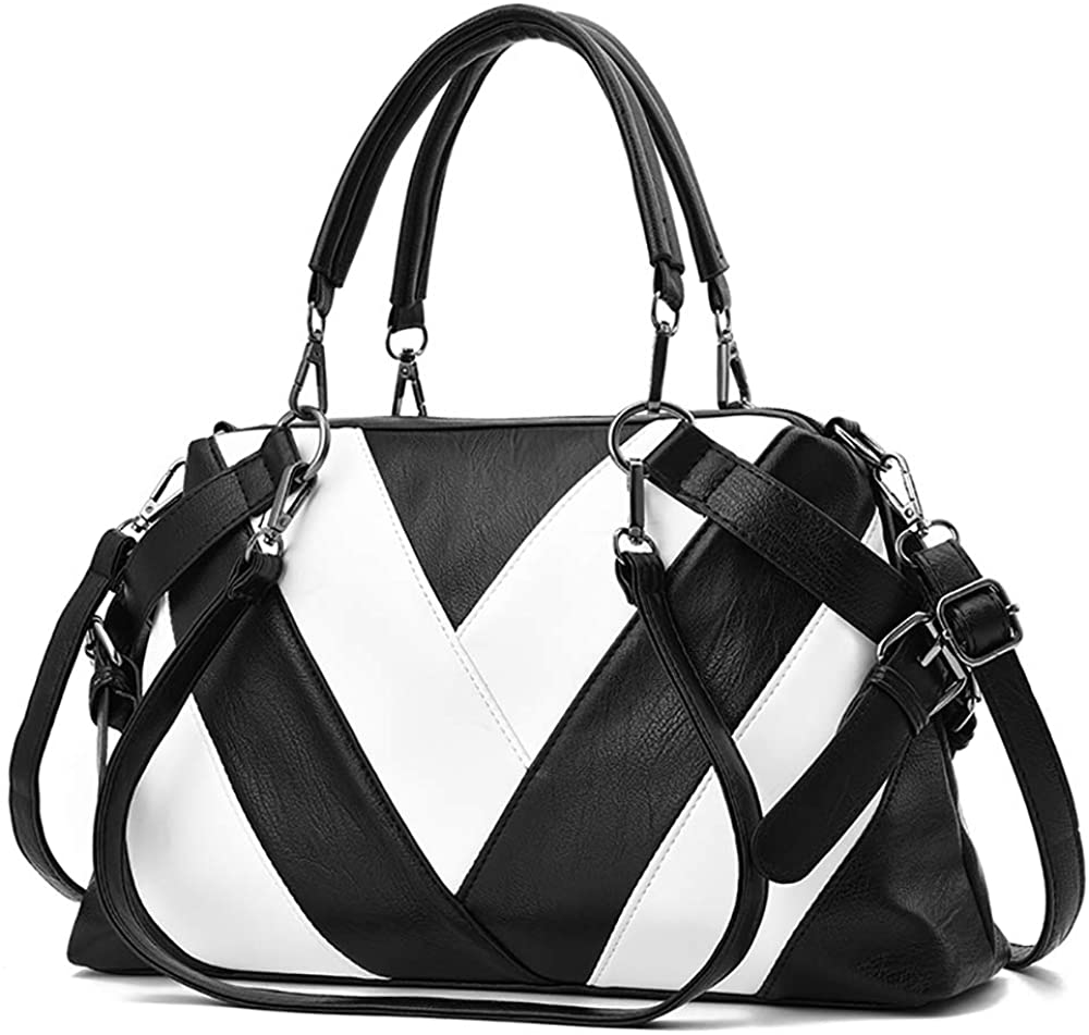 Price:$19.99    Women Handbag Hobo Shoulder Crossbody Bag, Top Handle Bags Totes Splice Style Large Capacity Satchel Purse for Shopping, Travel, Business, School, Holiday Gifts, Black White  Clothing