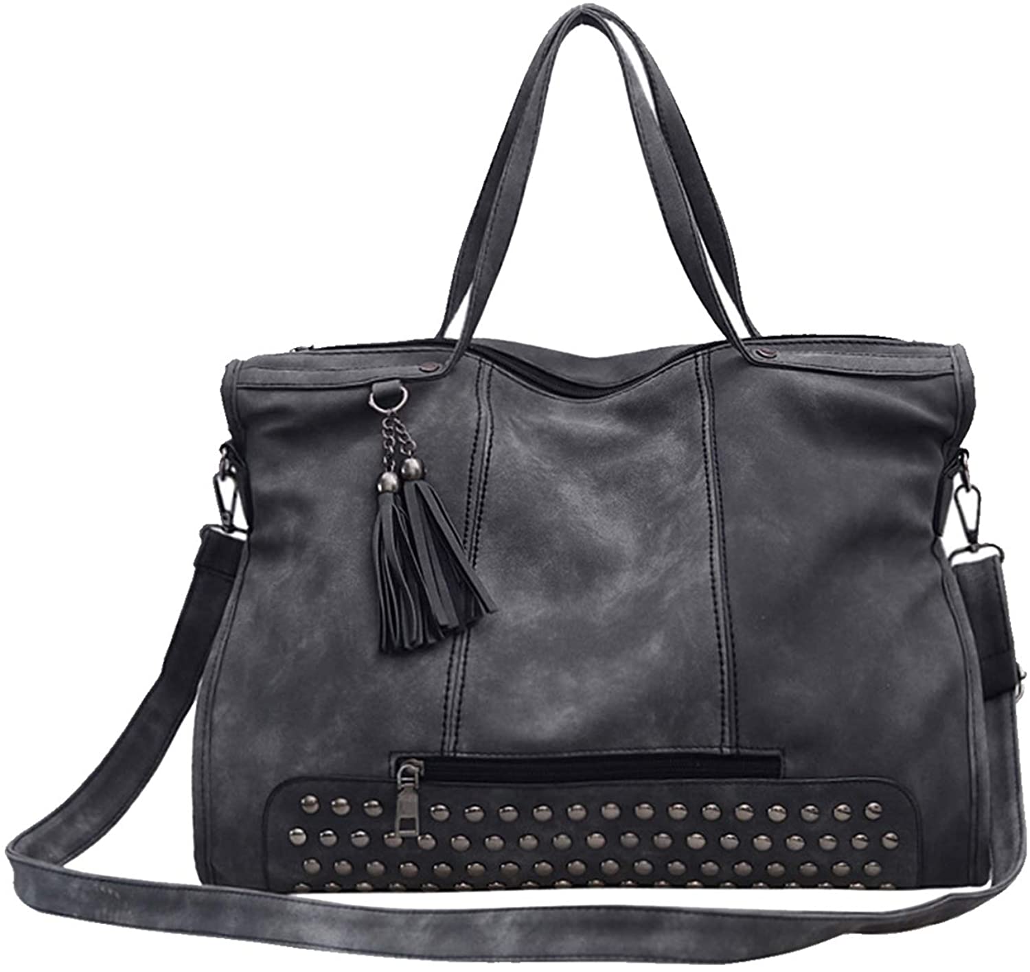 Price:$20.98    Kuang Women Rivet Studded Tassel Handbags PU Leather Top Handle Tote Purse Shoulder Bag  Clothing