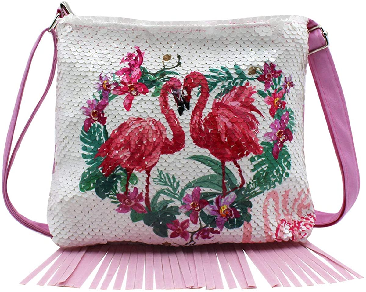 Price:$10.99 RARITYUS Glitter Sequins Flamingo Messenger Bag Crossbody Shoulder Bag Handbag with Tassel for Women Girls Kids  Handbags   