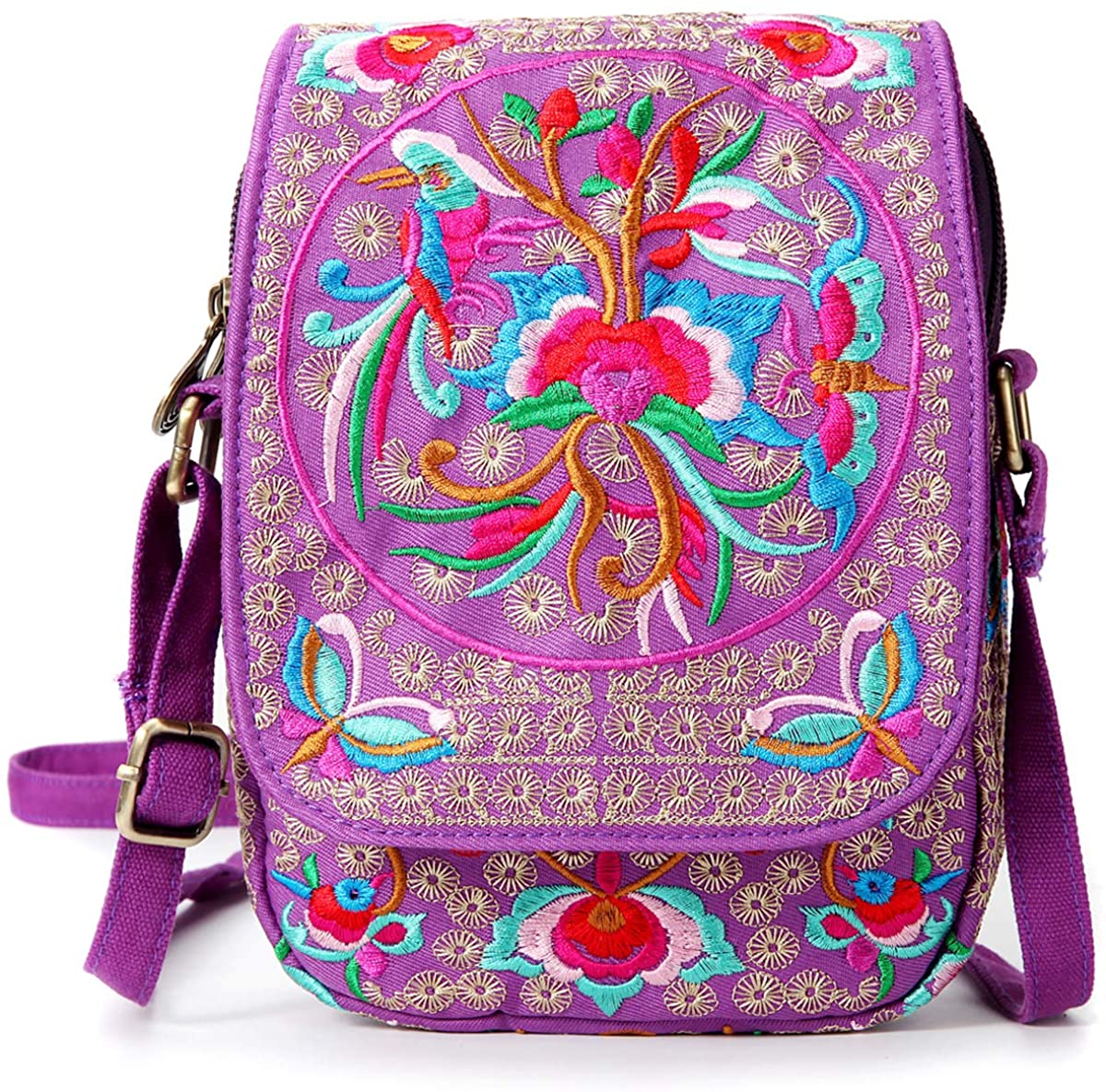Price:$17.99 Embroidered Ethnic Small Canvas Crossbody Bag Cell Phone Bag for Women Handmade Mini Shoulder Bag Wallet Bag Pouch(Purple + Flower-Medium)  Handbags   