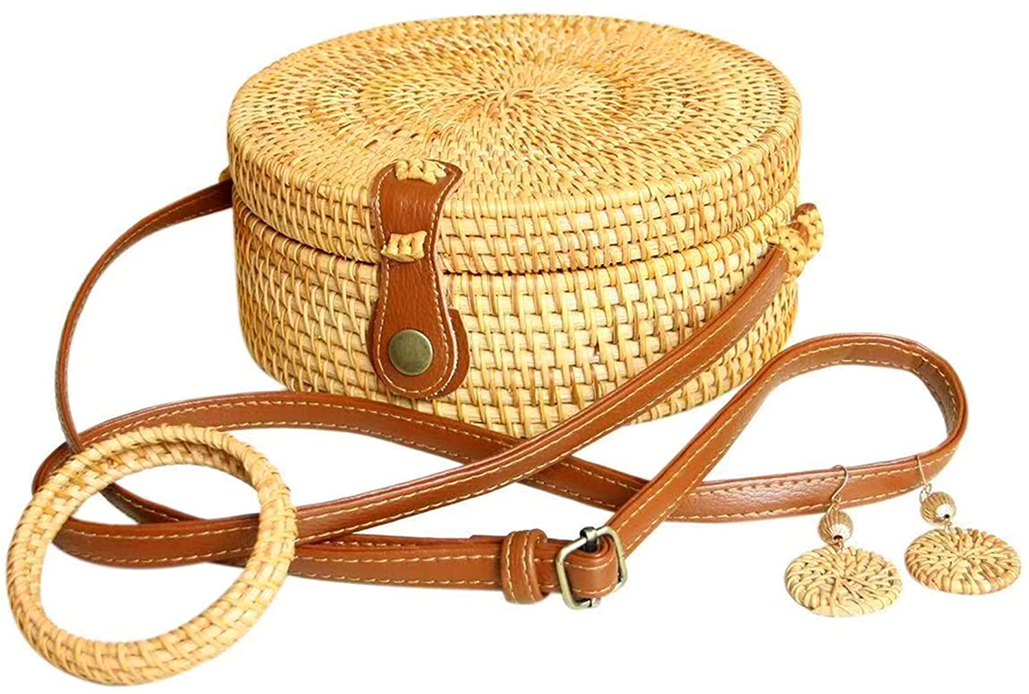 Price:$29.99    Mahajoy Round Rattan Woven handbag WITH GIFT BOX+FREE STRAW EARRING & BRACELET for women,beach SACRED GEOMETRY bag,Sri Yantra,wooden Crossbody clutch,basket Purse,vegan wicker Satchel Shoulder handbag  Clothing