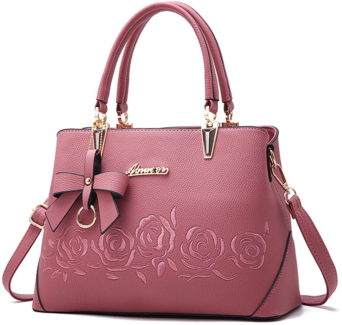 Price:$22.99    Mogor Women PU Leather Handbag Tote Shoulder Bag with Rose Embroidery Pink  Clothing