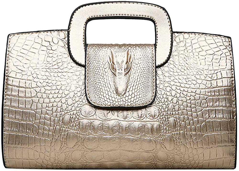 Price:$11.19    Monique Women Vintage Alligator Pattern PU Leather Flap Top Handle Bag Handbag Small Cross-body Bag Shoulder Bag Golden  Clothing