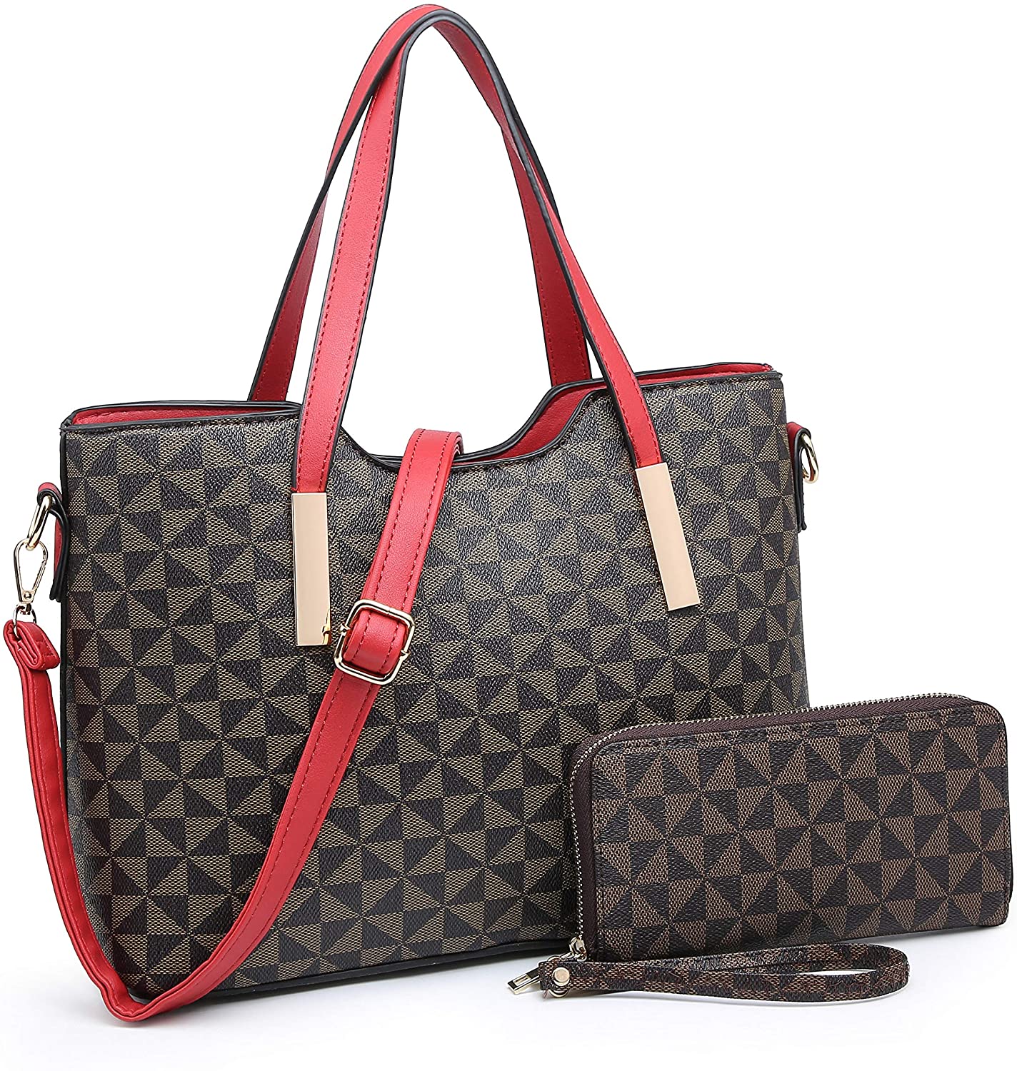Price:$19.99    XB Handbags Women's Tote Shoulder Bag And Wallet Set (Coffee-Red)  Clothing