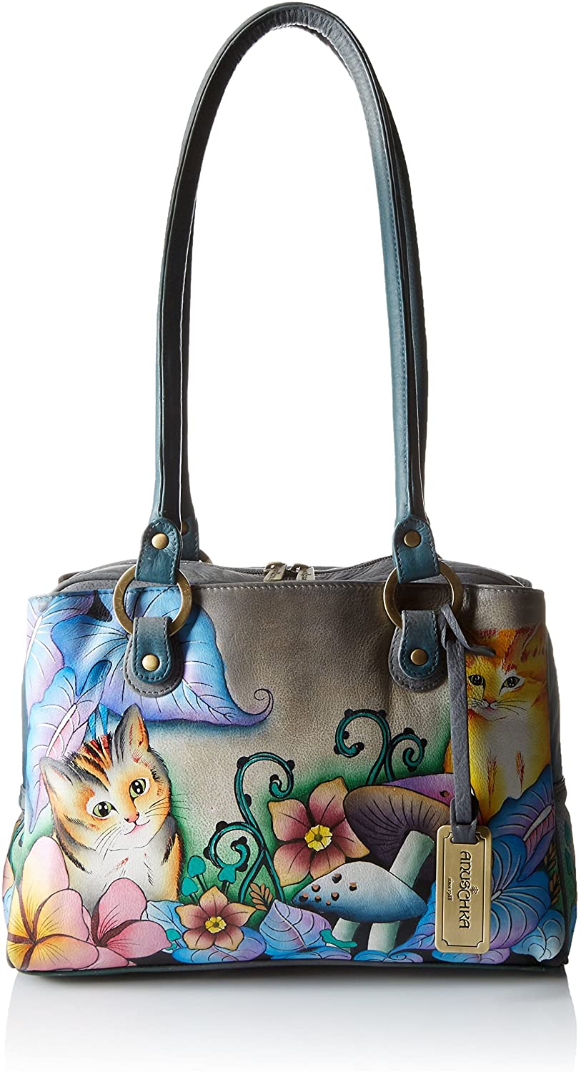 Price:$329.00 Anuschka Handpainted Leather Triple Compartment Medium Satchel, Cats in Wonderland  Handbags   