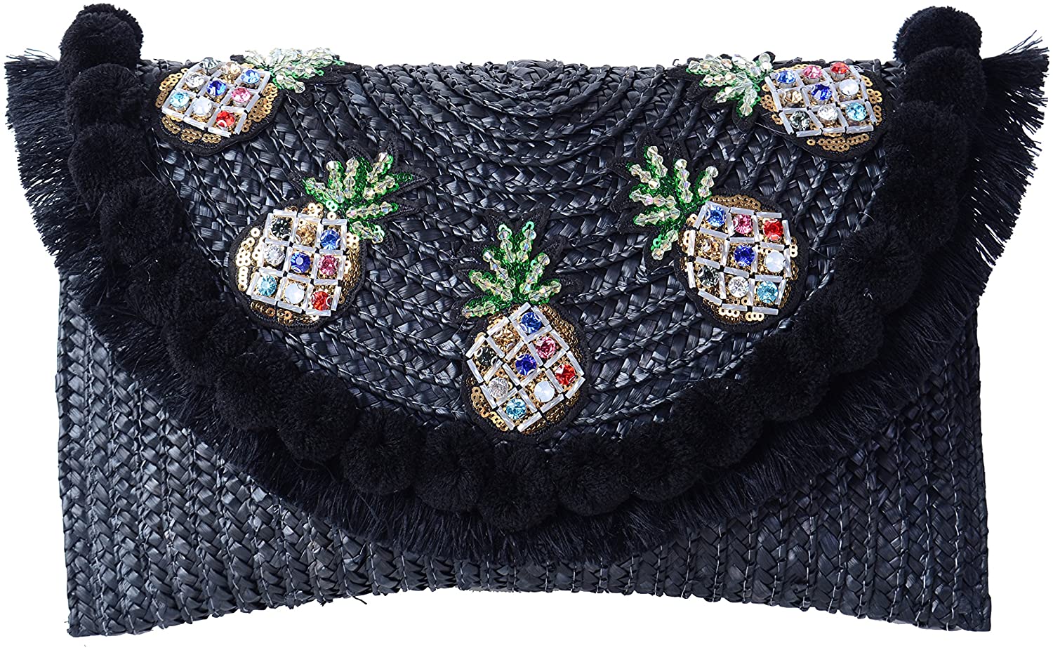 Price:$19.99 Pulama Straw Crossbody Crochet Shoulder Bag Pom Pom Tassel Pinapple Fringe Fashion Clutch Black  Handbags   