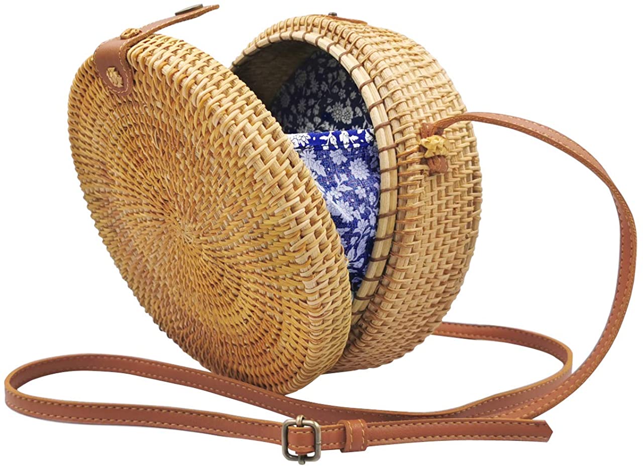 Price:$19.98 Handwoven Round Rattan Bag for Women Bali Ata Straw Bags Adjustable Shoulder Leather Straps  Handbags   