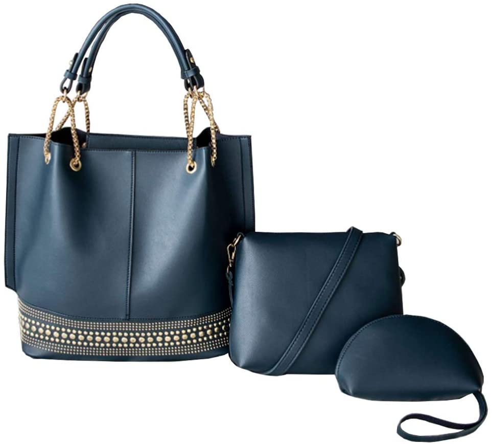 Price:$26.99    Rullar Women 3 pcs Bag Set Satchel Shoulder Top-handle Bag Wallet Rivet Chain Tote Handbag Purse Dark Blue  Clothing