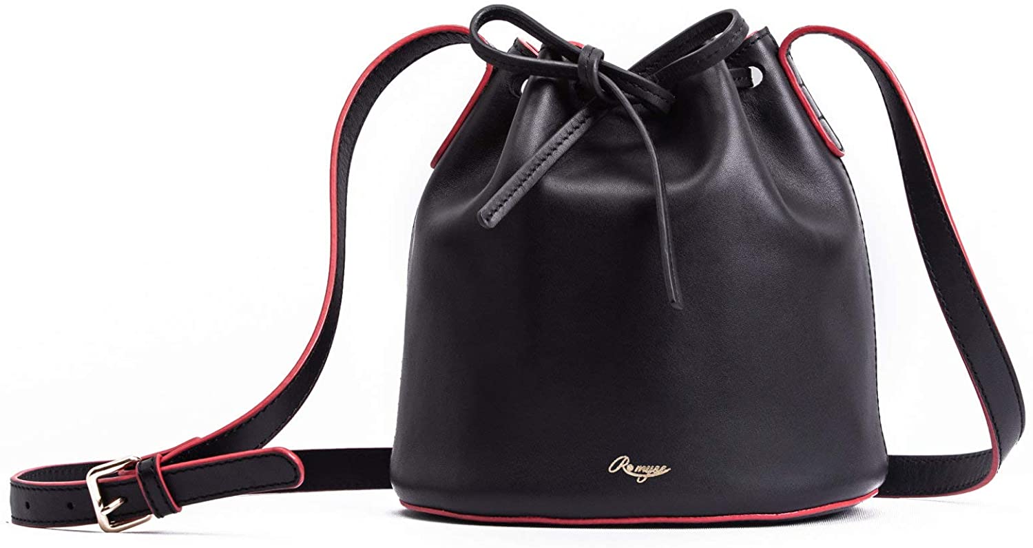 Price:$49.00 Unique Design Genuine Full Grain Leather Handbag Bucket Bag Drawstring Shoulder Bag Designer Handbag Cow Leather Romyse  Handbags   