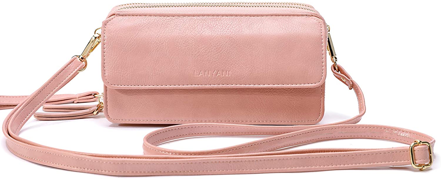 Price:$15.99 women crossbody wallet double zipper cell phone purse RFID blocking ladies small bag with shoulder strap wristlet handbag vegan leather (pink)  Handbags   