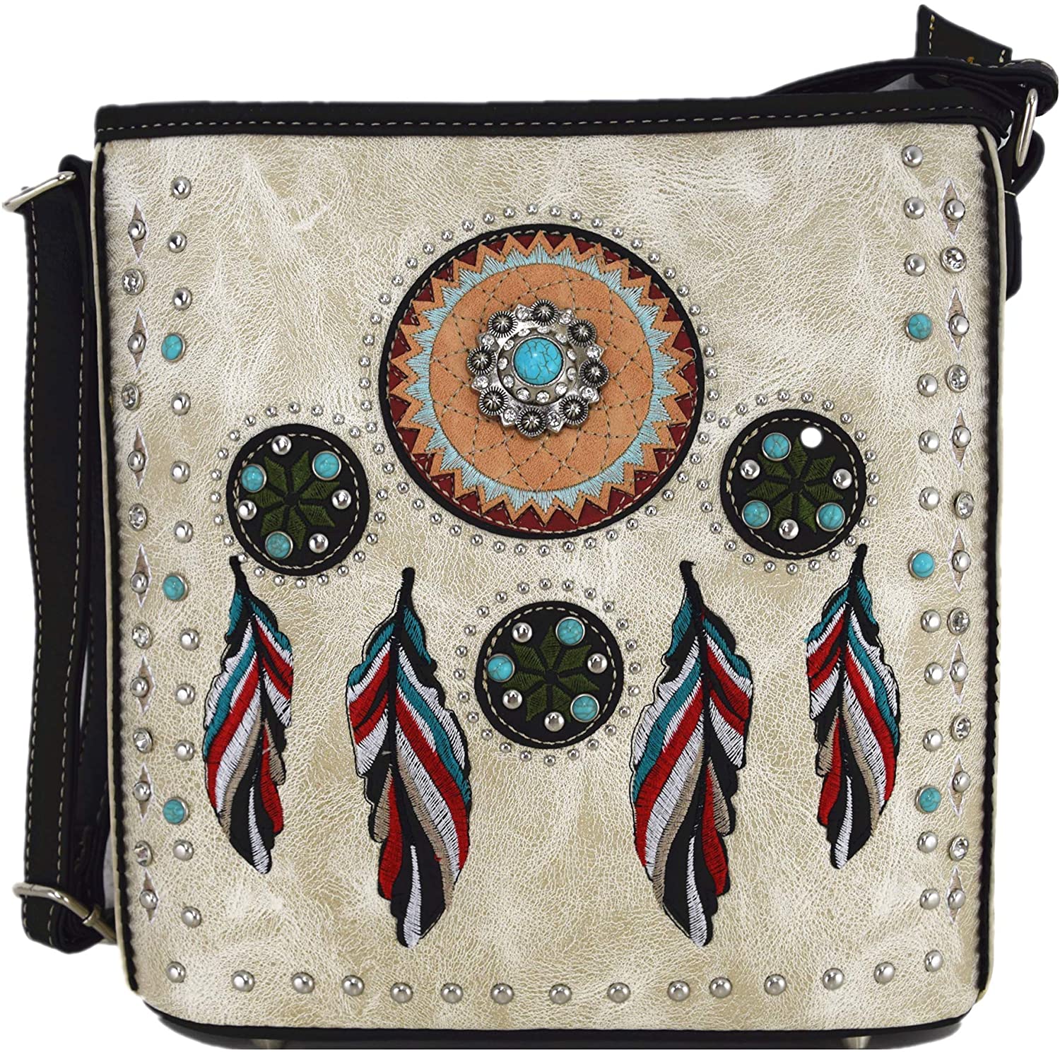 Price:$0.00 Native Tribal Feather Conchos Cross Body Handbags Concealed Carry Purse Country Women Single Shoulder Bag (Beige)  Handbags   