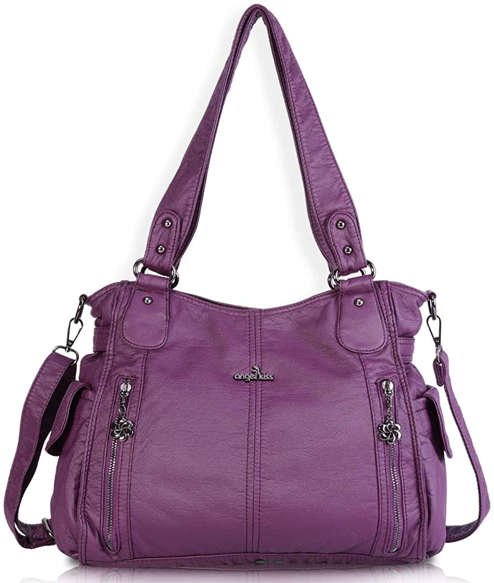 Price:$39.99    Women Handbags Shoulder Bags Washed Leather Satchel Tote Bag Mutipocket Purse (1193-2 Purple)  Clothing