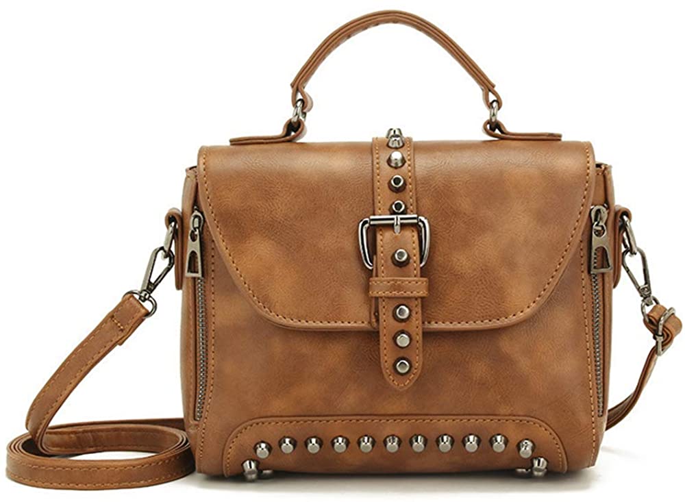 Price:$23.99    Mn&Sue Women Gothic Rivet Studded Crossbody Bag Vintage Pu Leater Top Handle Satchel Motorcycle Style Shoulder Messenger Purse for Lady (#1 Brown)  Clothing