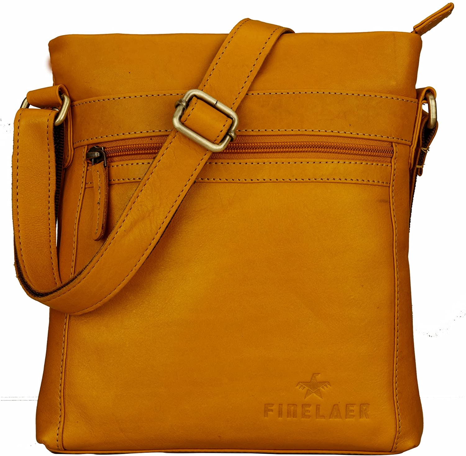 Price:$128.02 Finelaer Women's Yellow Soft Cowhide Genuine Leather Vintage Handmade Crossbody Handbag Purse Lightweight Multi Pockets Top Zip Small Crossover Shoulder Adjustable Strap Bag  Handbags   