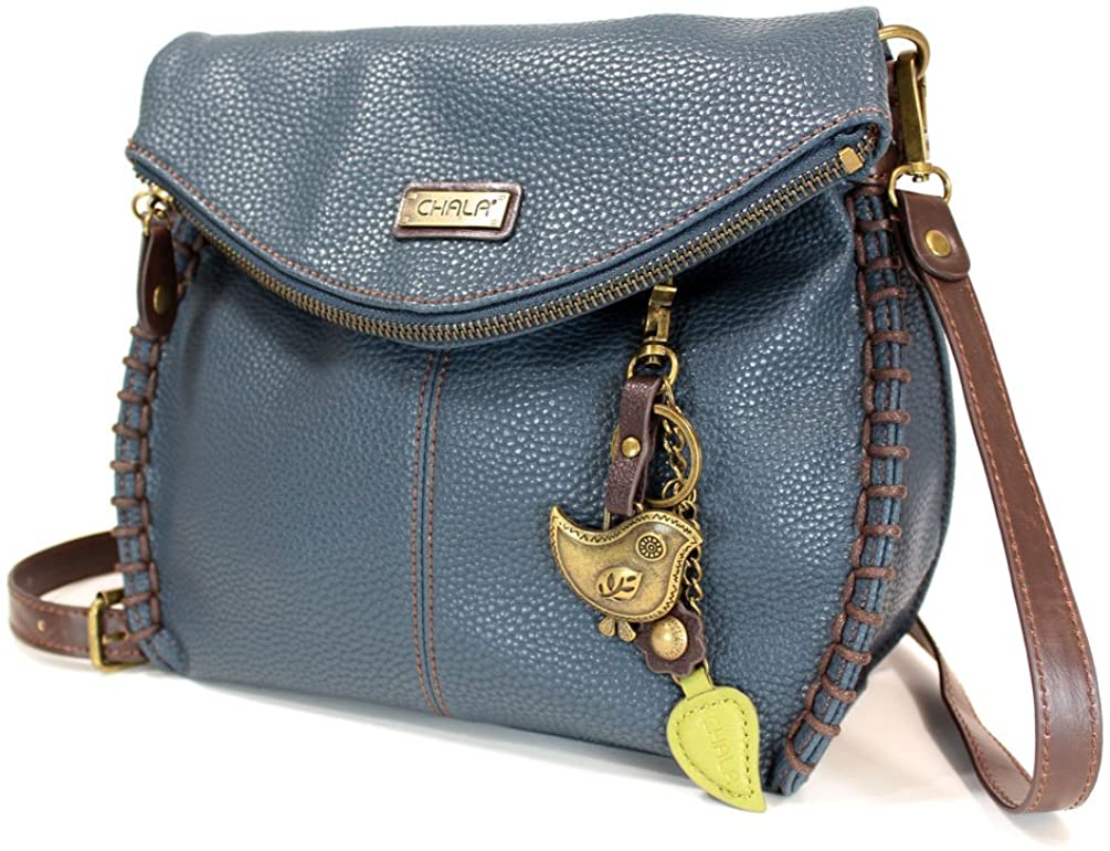 Price:$54.50 Chala Charming Crossbody Bag - Flap Top and Metal Key Charm in Navy Blue, Cross-Body or Shoulder Purse - Bird  Handbags   
