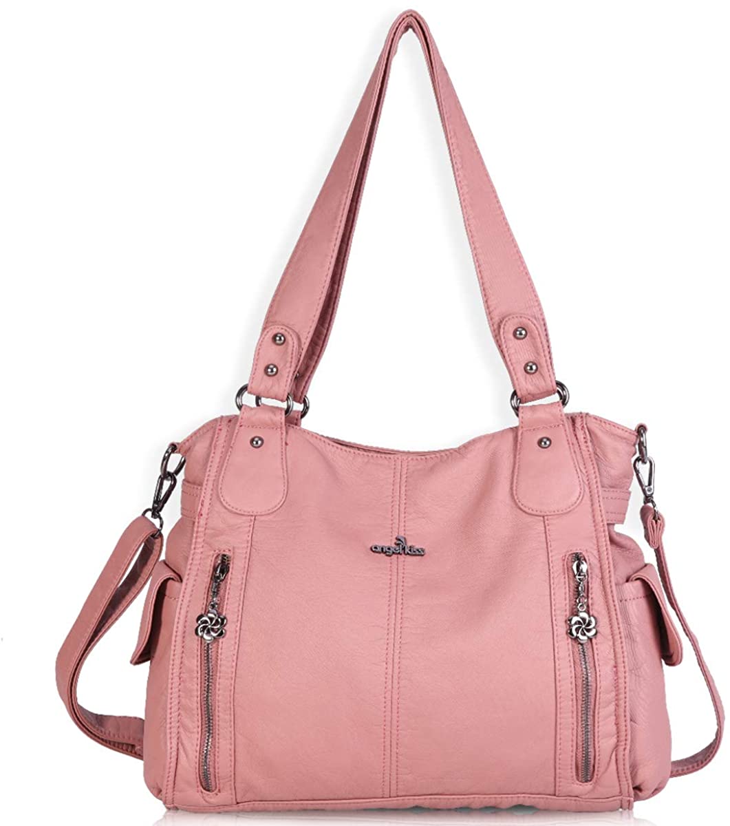 Price:$39.99    Women Handbags Shoulder Bags Washed Leather Satchel Tote Bag Mutipocket Purse (1193-2 Pink)  Clothing