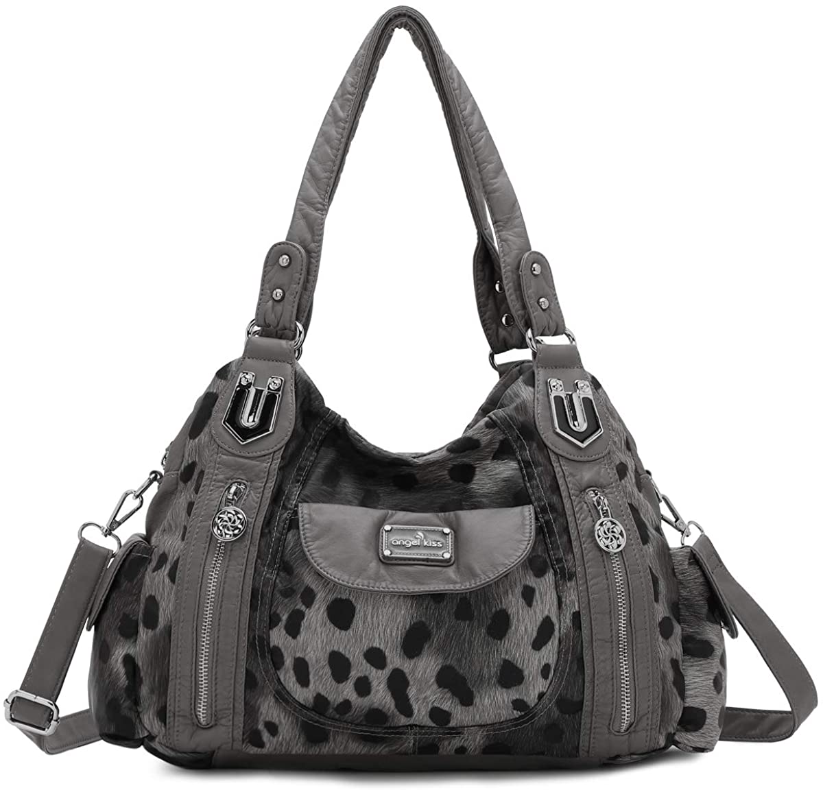 Price:$39.99    Angel Kiss Roomy Fashion Hobo Womens Handbags Ladies Purse Satchel Shoulder Bags Tote Washed Leather Bag (A-AK812-3B L11 GRAY)  Clothing