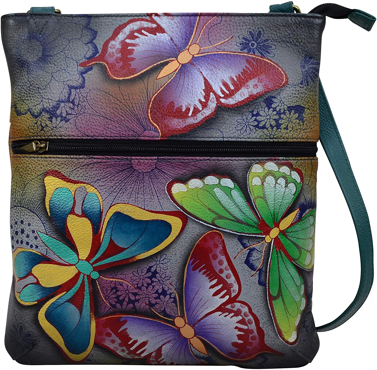 Price:$92.37 Anna by Anuschka Slim Crossbody Bag - Genuine Leather - Butterfly Paradise  Handbags   