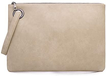 Price:$11.99 Amaze Womens Oversized Clutch Bag Large PU Leather Pouch Evening Handbags Envelope Purse with Wristlet Shoulder Lady (Beige)  Handbags   