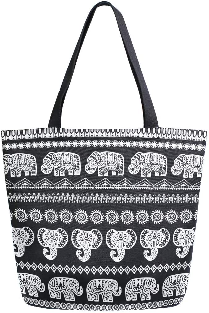 Price:$15.99    ALAZA Large Canvas Tote Bag Ethnic Elephant Bohemian Boho Black Shopping Shoulder Handbag with Small Zippered Pocket  Clothing