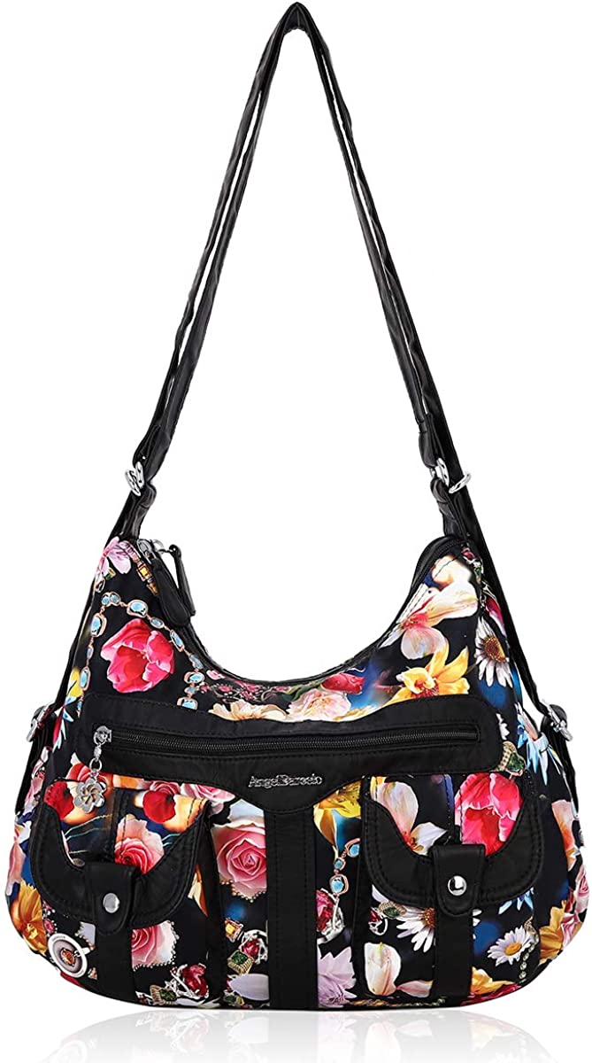 Price:$33.99    Angel Barcelo Women Multifunctional Soft Leather Handbag Purses Shoulder Hobo Backpack Crossbody Zipper Bag with Pocket Black Flower  Clothing