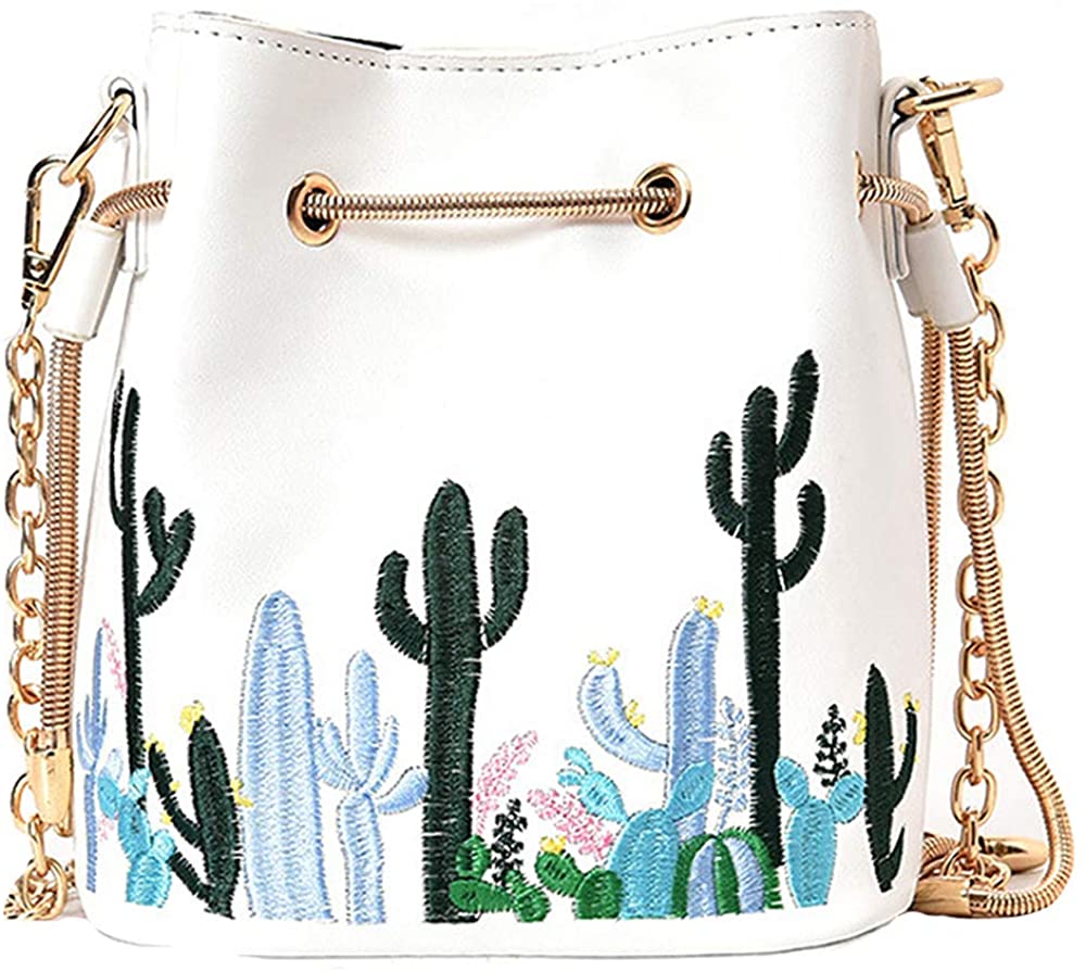 Price:$29.99 Sherry Bucket Bag Women Mini Drawstring Bucket Handbags Floral Crossbody Purse Faux Leather Travel Messenger Shoulder Bag (White)  Handbags   