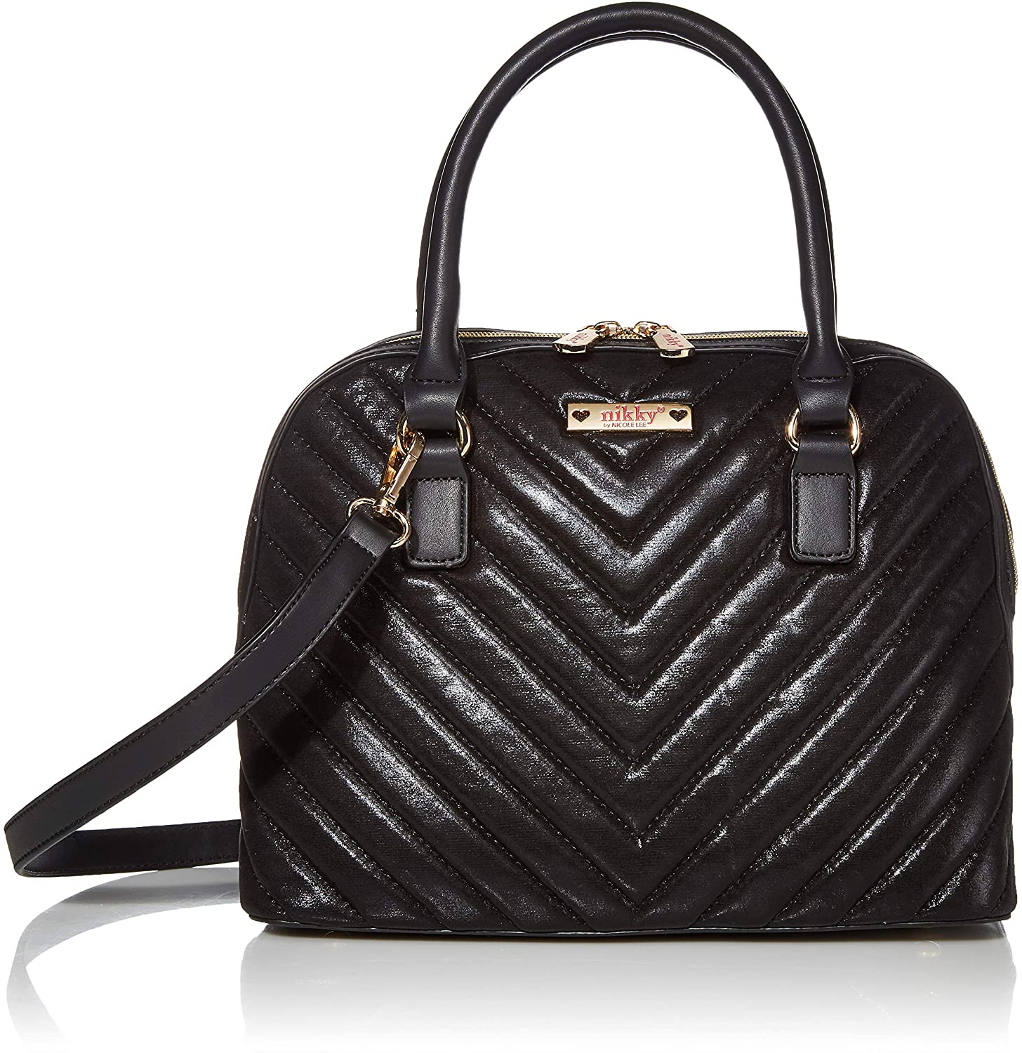 Price:$40.34    Nikky Women's Quilted Metallic Double Zip Black Satchel Bag With Shoulder Strap, One Size  Clothing