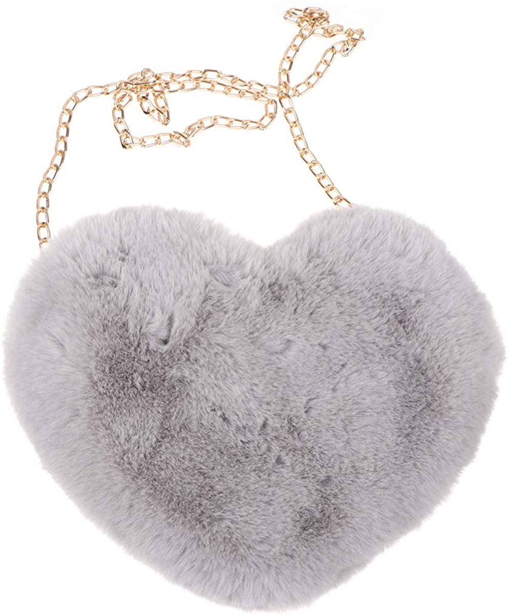 Price:$10.99 FENICAL Cellphone Purse Plush Heart Shaped Crossbody Bag with Chain Cute Fluffy Shoulder Bag for Women Ladies - Light Grey  Handbags   