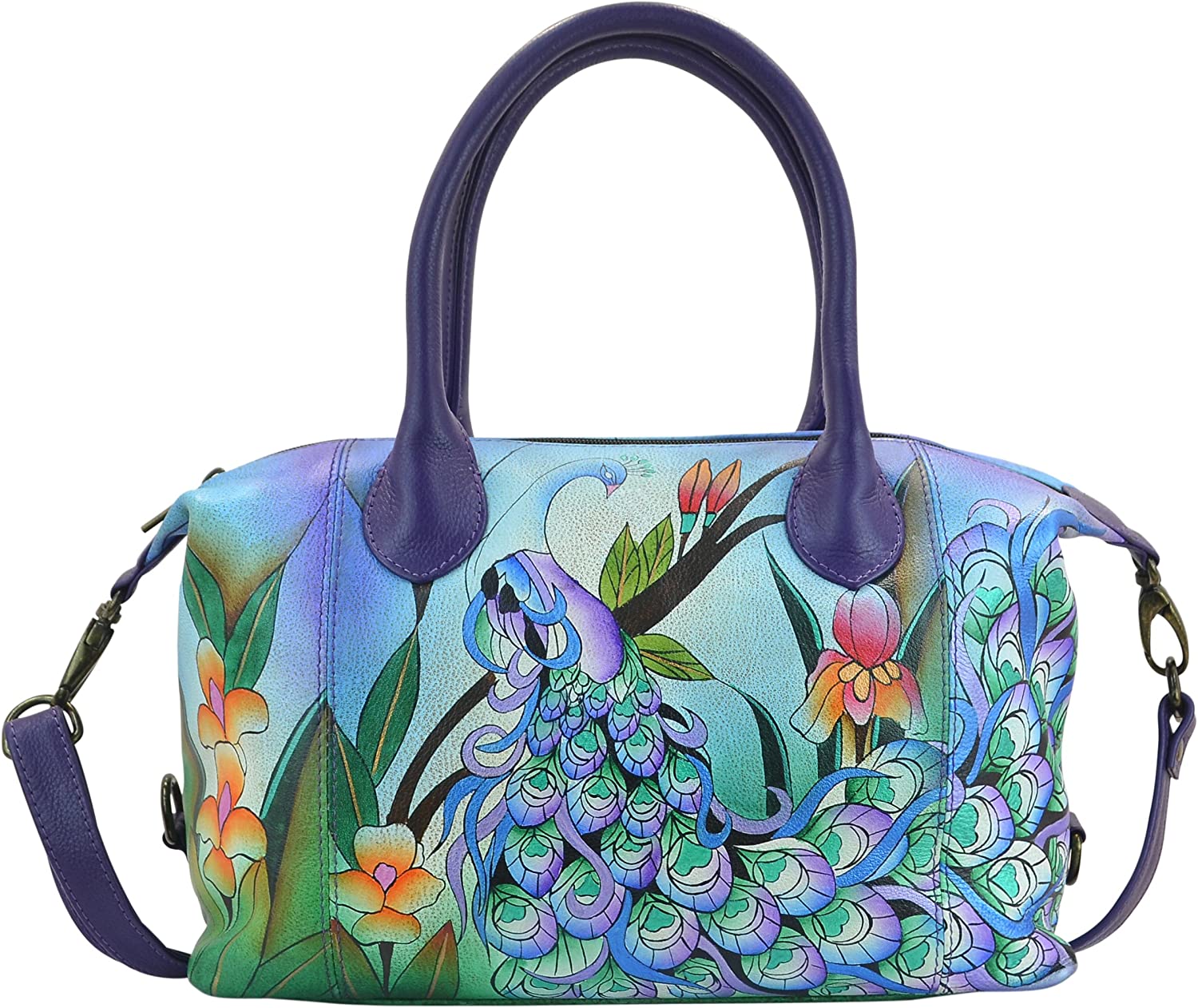 Price:$207.98    Anna by Anuschka Women's Genuine Leather Medium Satchel | Hand Painted Original Artwork | Zip-Top Organizer | Midnight Peacock  Clothing