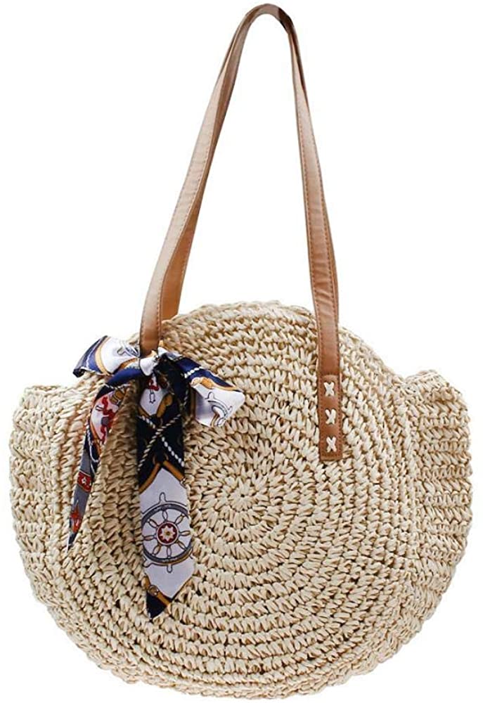 Price:$16.99    Straw Bag Women Handwoven Round Straw Handbag Natural Chic Large Summer Beach Tote Woven Handle Shoulder Bag (Blue)  Clothing