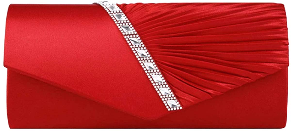 Price:$17.66 Buddy Evening Clutch Handbag Women Fashion Pleated Crystal-Studded Crossbody Shoulder Bag Chain Clutch Purse (Red)  Handbags   