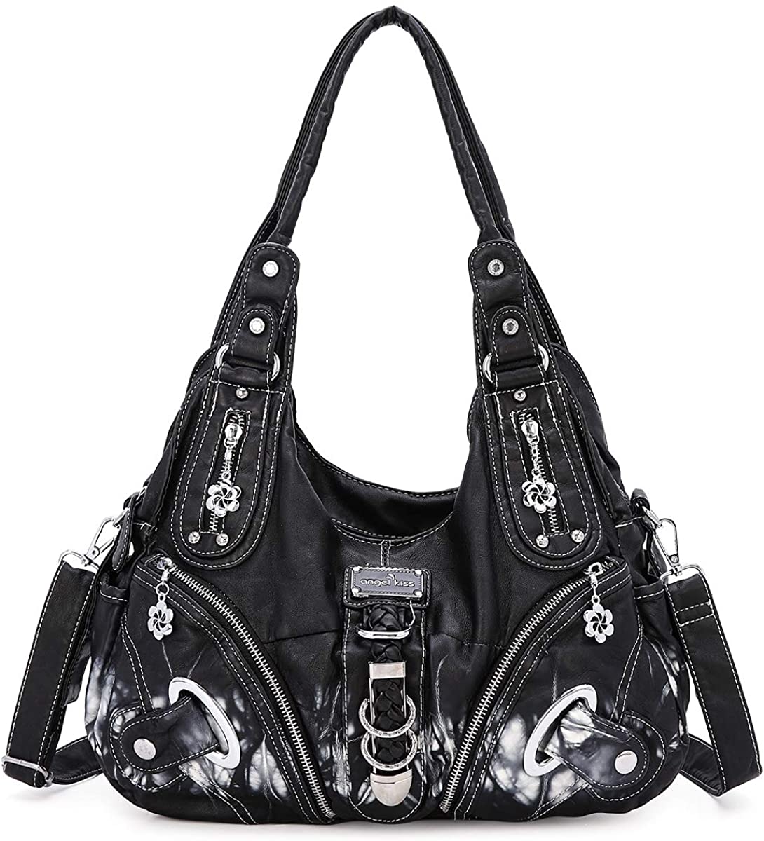 Price:$39.99    Women Handbags Shoulder Bags Washed Leather Satchel Tote Bag Mutipocket Purse (11282Z black)  Clothing